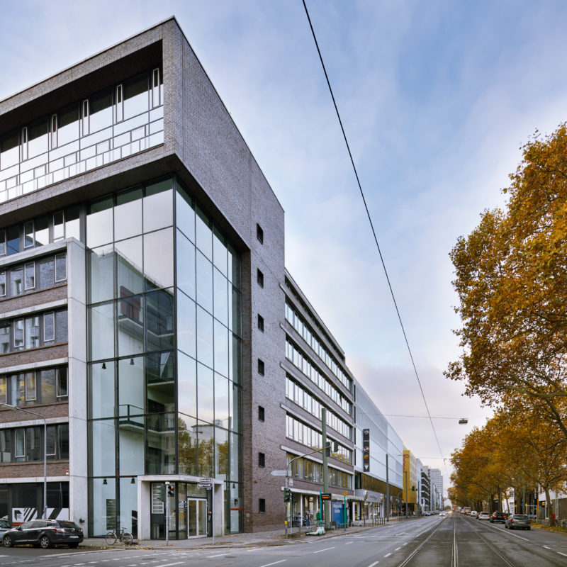 Modernes Bürogebäude mit Glasfassade an einer herbstlichen Straße.