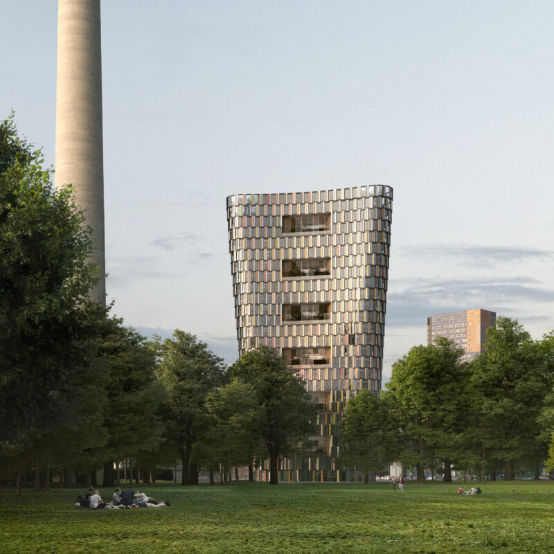 Modernes Gebäude mit geschwungener Fassade im Park, umgeben von Grünflächen und Menschen im Freien.
