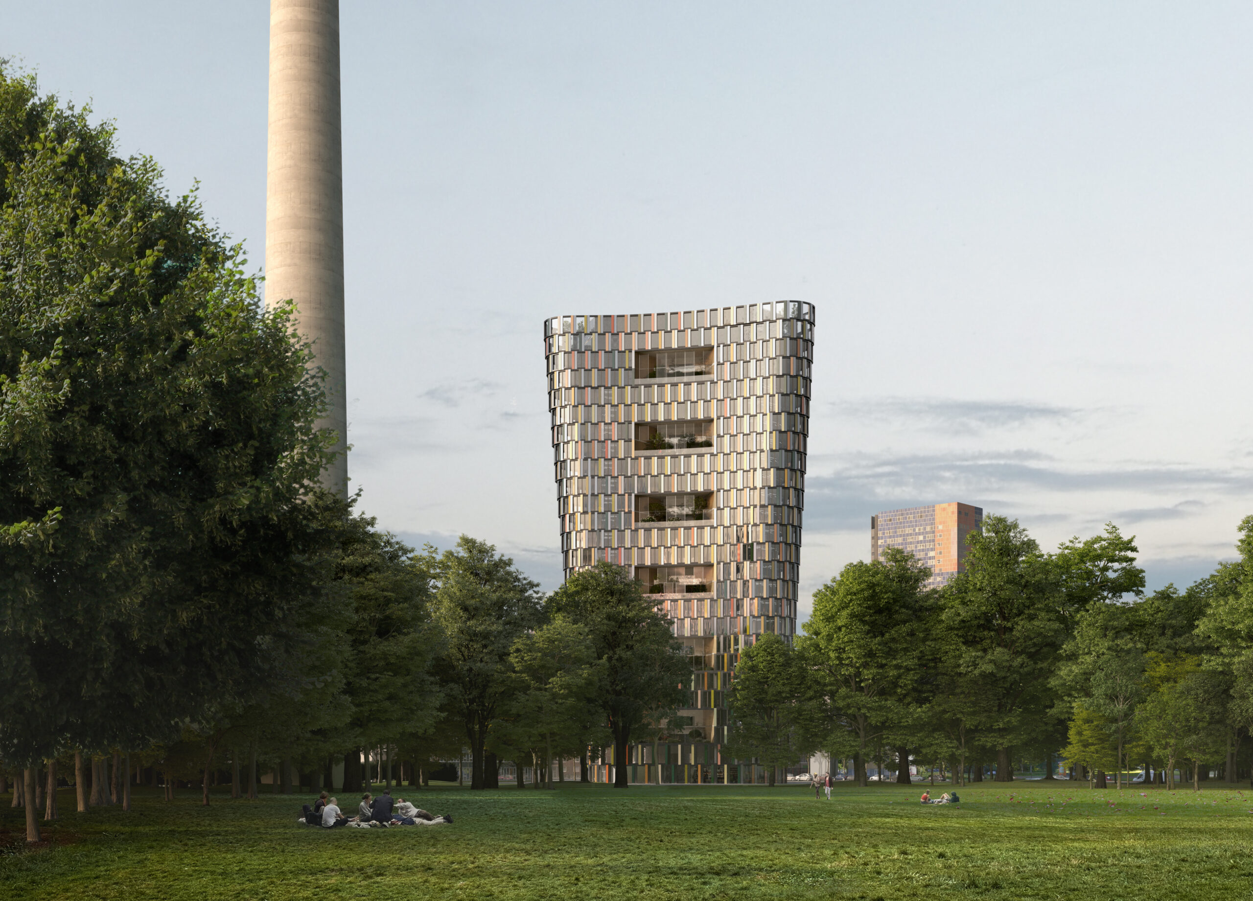 Modernes Gebäude mit geschwungener Fassade im Park, umgeben von Grünflächen und Menschen im Freien.