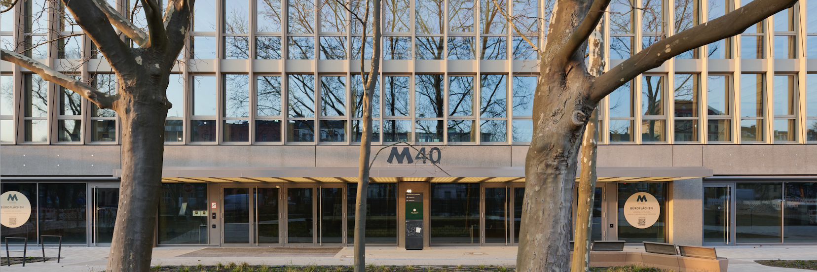 Moderne Bürofassade mit großen Glasfronten und Eingangsbereich, beschattet von Bäumen.